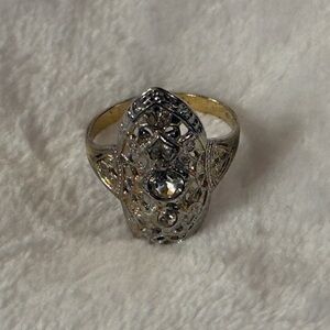 Large Filigree Vintage CZ 14K White Gold Ring Size 8 3/4